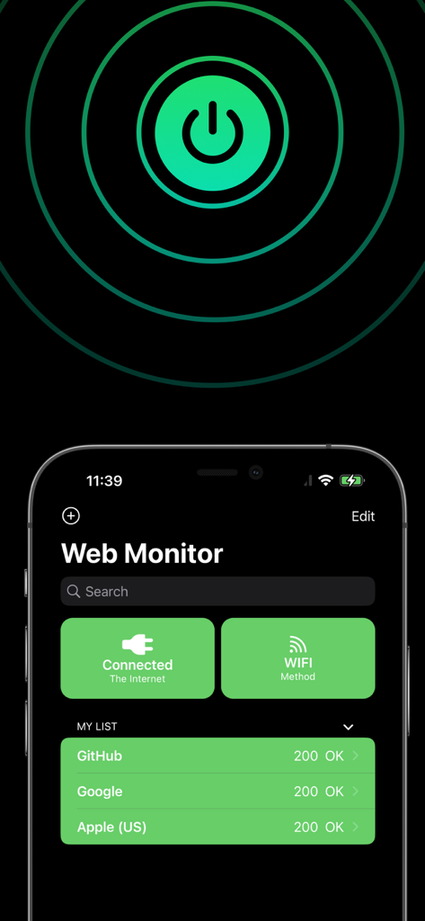 Interface do aplicativo Web Monitor exibindo conectividade de rede e lista de status de websites, incluindo GitHub e Google