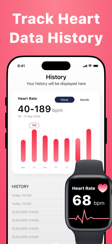 Heart Rate Monitor Pulse - Heart rate monitor app showing weekly pulse history graphs and data logs on a smartphone and smartwatch.