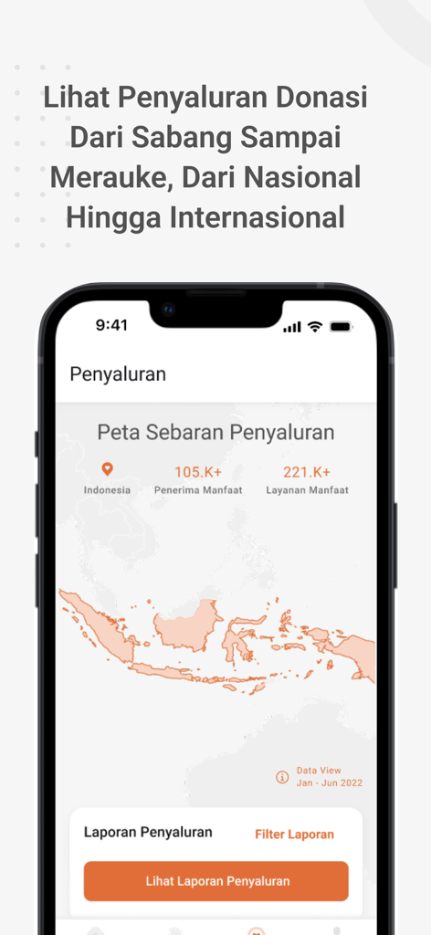 Rumah Zakat App - Mobile app screen showing a map of Indonesia with donation distribution data including beneficiaries and benefit services