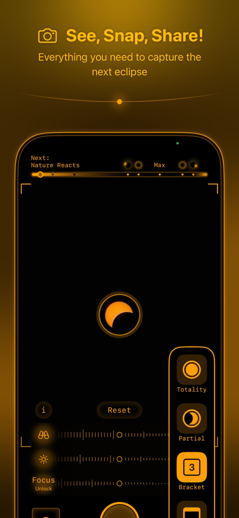 Smartphone interface of the Solar Snap app showing a partial solar eclipse and manual camera controls
