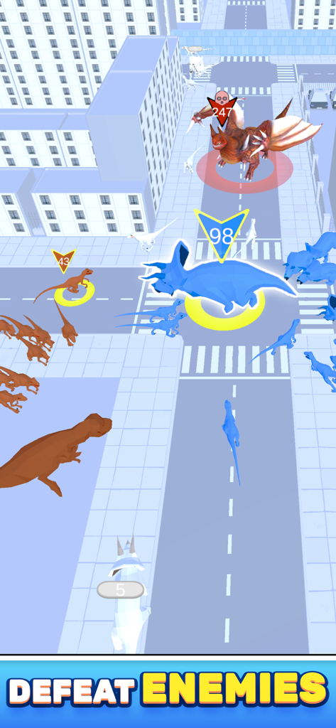Dino Crowd - A blue dinosaur team battling a large red dragon boss in a city street