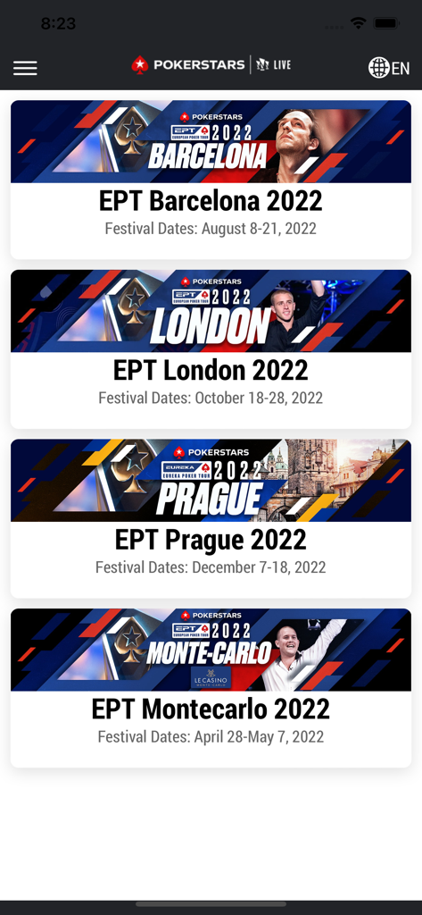 PokerStars Live - Liste der European Poker Tour-Events in der PokerStars Live-App