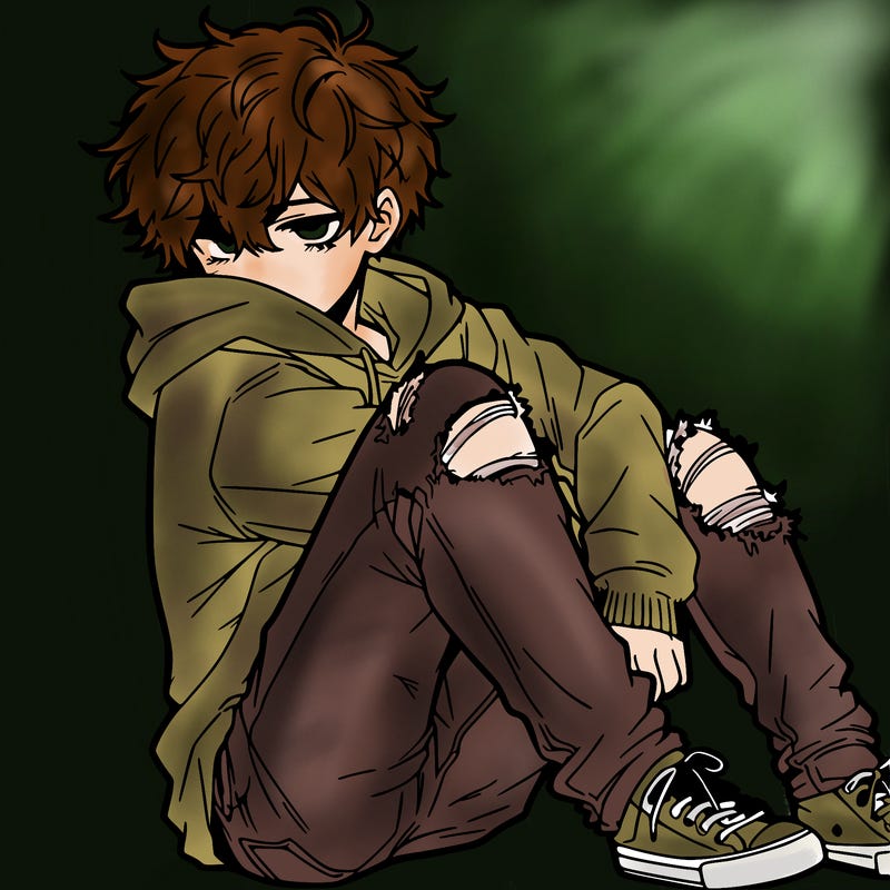 a male hoddie ripped jeans messy hair anime