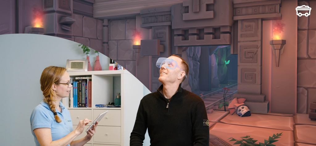 Corpus VR - A physical therapist monitors a patient wearing a VR headset during a gamified rehabilitation session