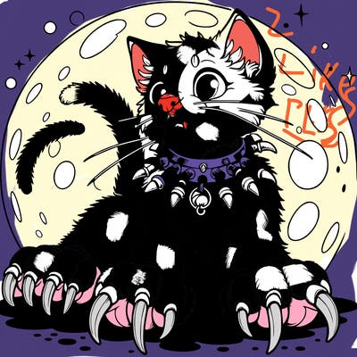 a realistic cat with overly long claws.and a collar with fangs in the collar with a full moon behind the cat