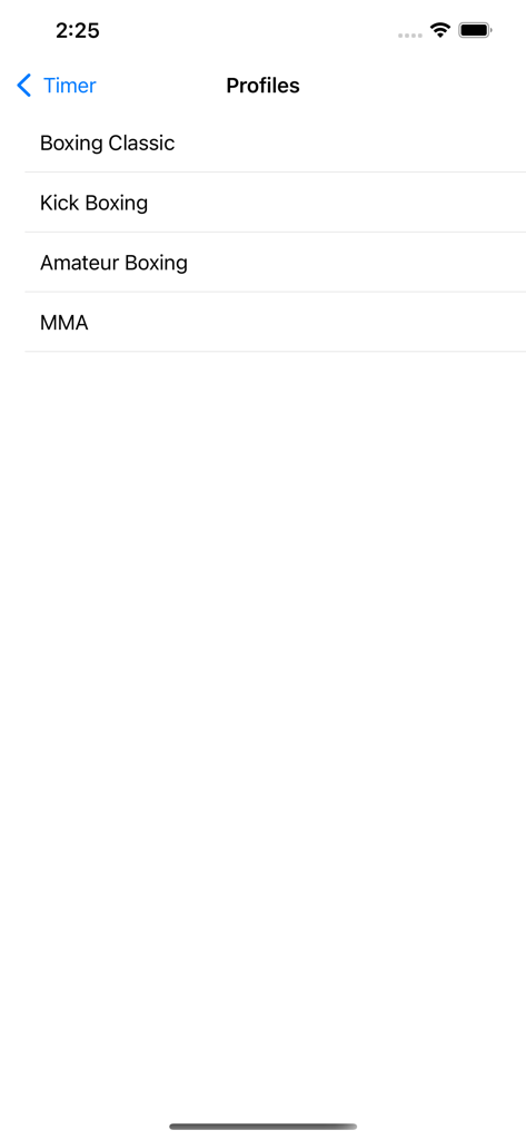 Boxing Timer : Interval Timer - Selection screen for different combat sport training profiles including Boxing and MMA