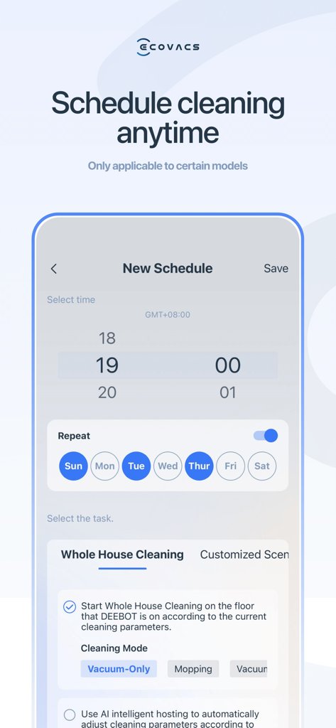 Interface de l'application ECOVACS HOME pour la planification des tâches de nettoyage de l'aspirateur robot