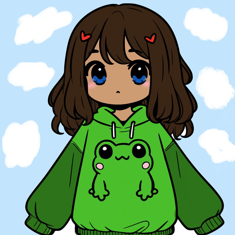 girl wearing frogging sweatshirt