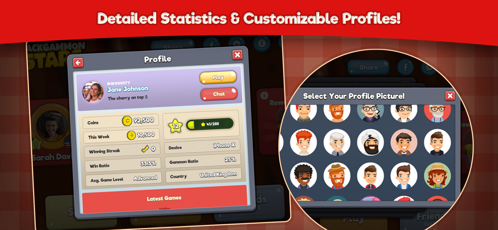 Backgammon Stars user profile interface showing player statistics and avatar selection options