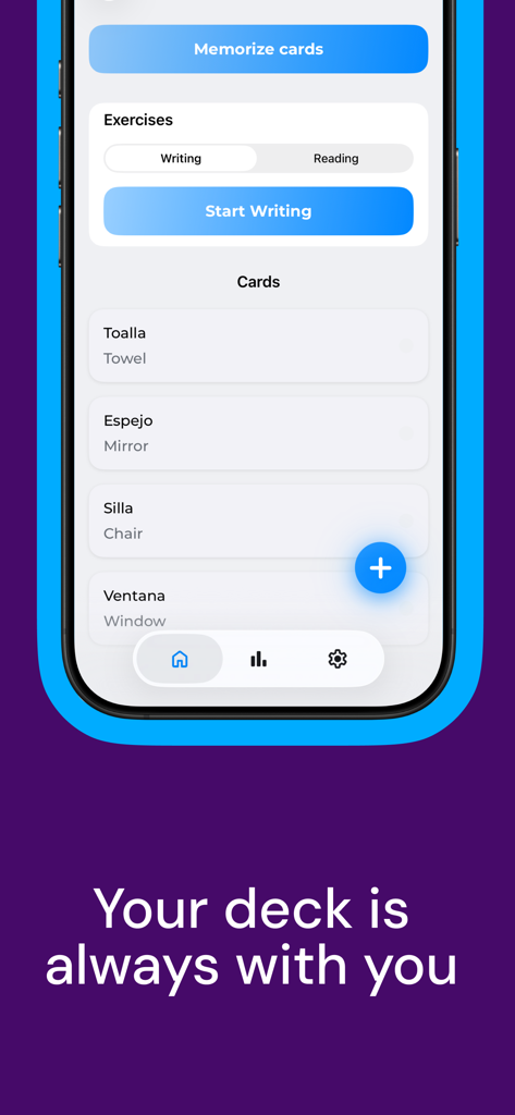 Flashcards: Easy Make & Learn - Mobile interface of the Flashcards app displaying a study deck with vocabulary words and exercise options