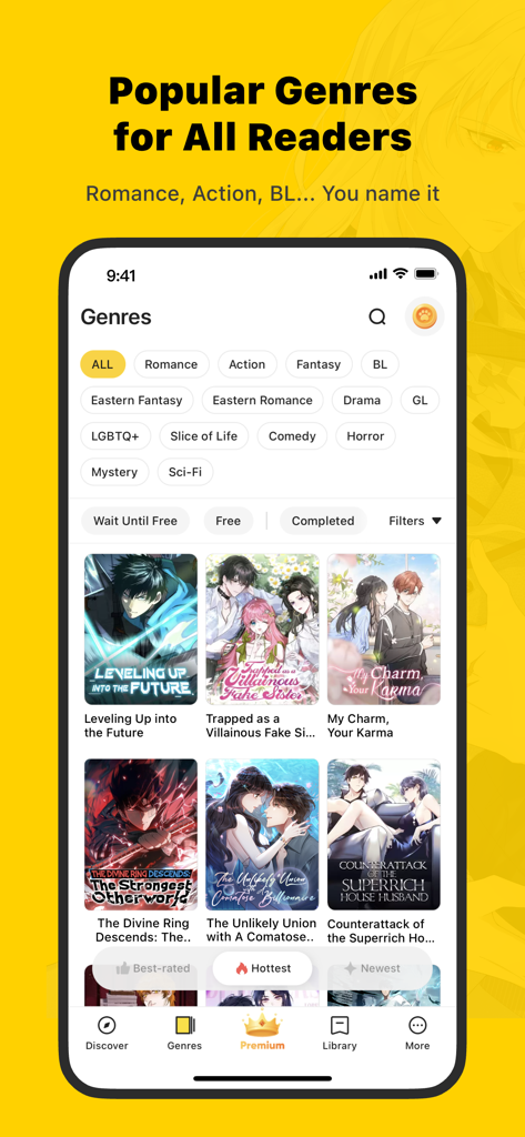 Ein Screenshot der WebComics-App, der verschiedene Manga- und Webtoon-Genres mit beliebten Comic-Titeln in einem Raster zeigt.