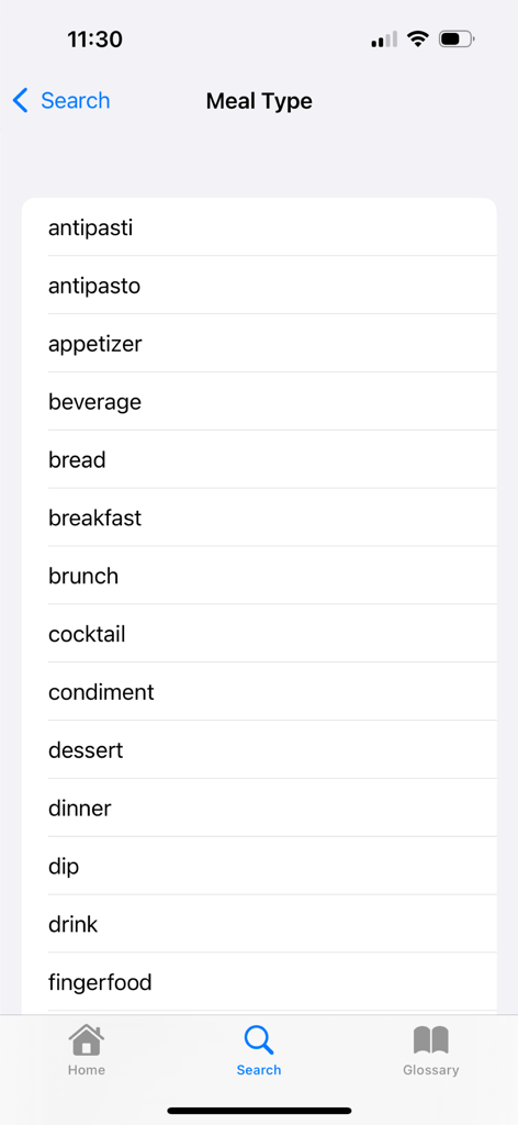 Yum‎ - A list of meal categories in the Yum app including breakfast, dinner, and appetizer.