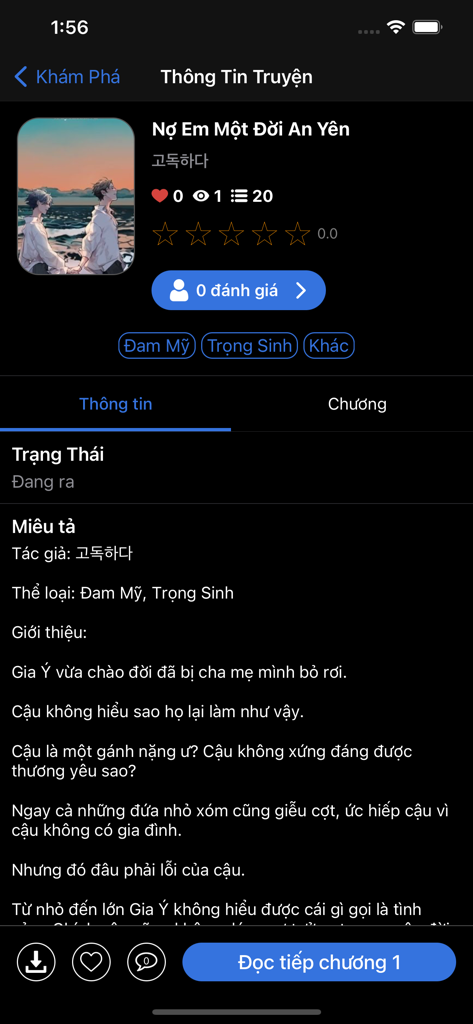 Truyện Full Đọc Truyện Offline - Screenshot of the Truyen Full app showing a Vietnamese novel detail page with synopsis and rating