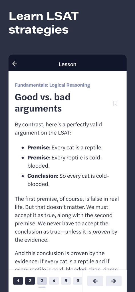 LSAT Demon - A lesson screen in the LSAT Demon app explaining logical reasoning fundamentals with a cat and reptile syllogism example.