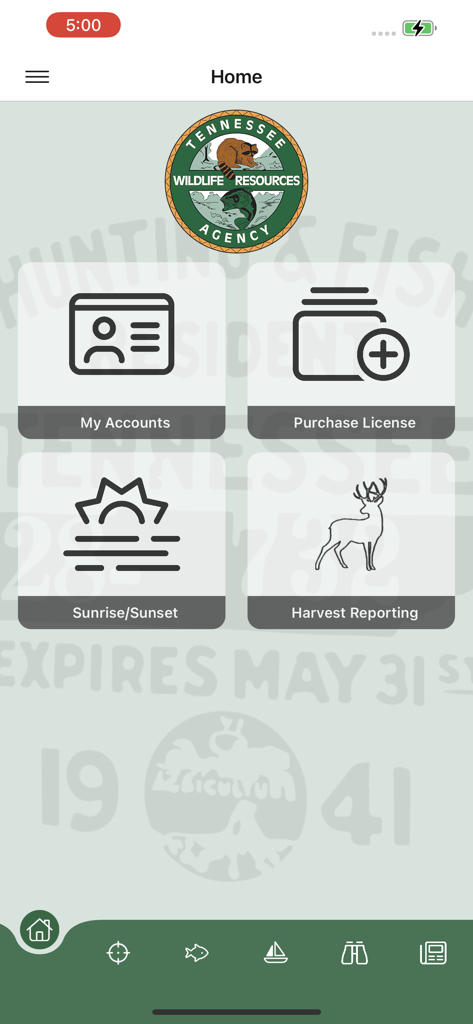The home screen of the TWRA On the Go mobile app showing license purchase and harvest reporting options