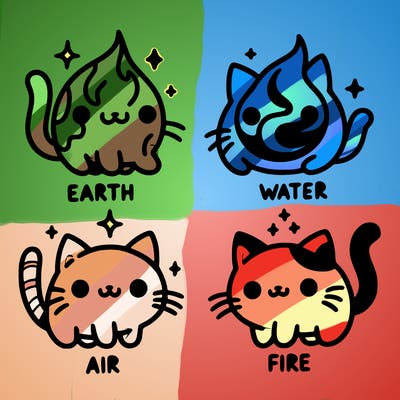 4 cats that represent the different elements, earth, water, air, and fire