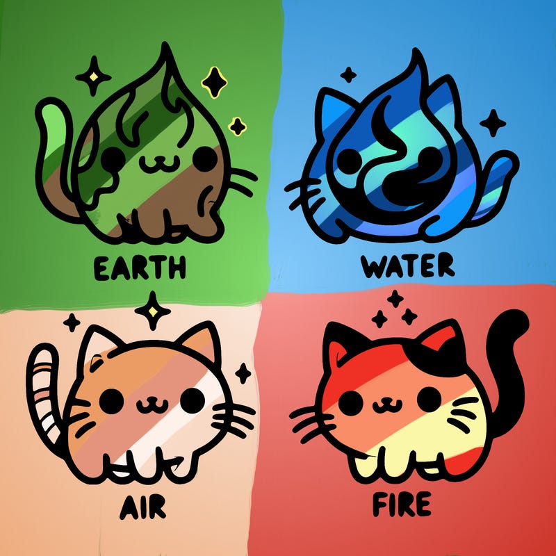 4 cats that represent the different elements, earth, water, air, and fire
