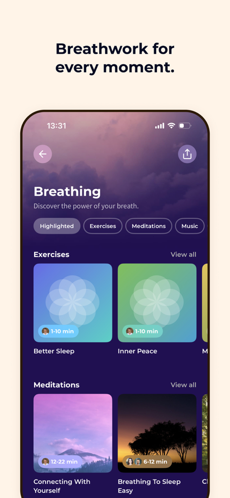 Meditation Moments - Guided - スマートフォンの画面。瞑想の時間アプリで、呼吸エクササイズと瞑想のカテゴリを表示