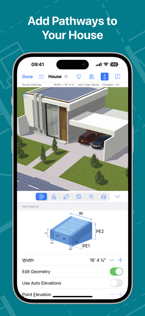 Live Home 3D Pro: House Design - 3D house design app interface showing landscape pathway editing tools
