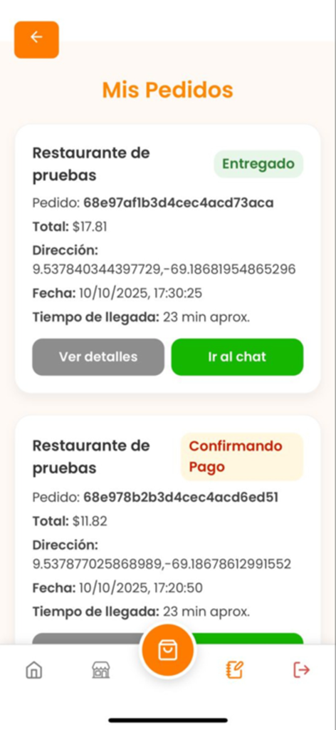 Riko App - Interfaz móvil de Riko App mostrando la pantalla Mis Pedidos con detalles del pedido y estado de entrega