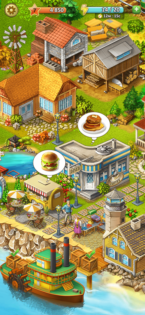 Janes Farm: Family farmer land - Una vista isométrica de un acogedor pueblo agrícola con un barco de vapor atracado cerca de una cafetería y edificios en Janes Farm