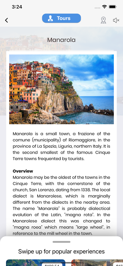 Cinque Terre Travel Guide - Manarola city guide screen in the Cinque Terre Travel Guide app featuring a coastal photo and town overview