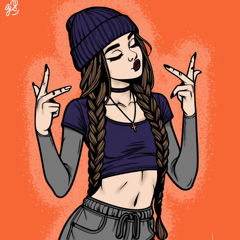 realistic teenage girl with braids and a beanie and crop top doing 🫶🏼