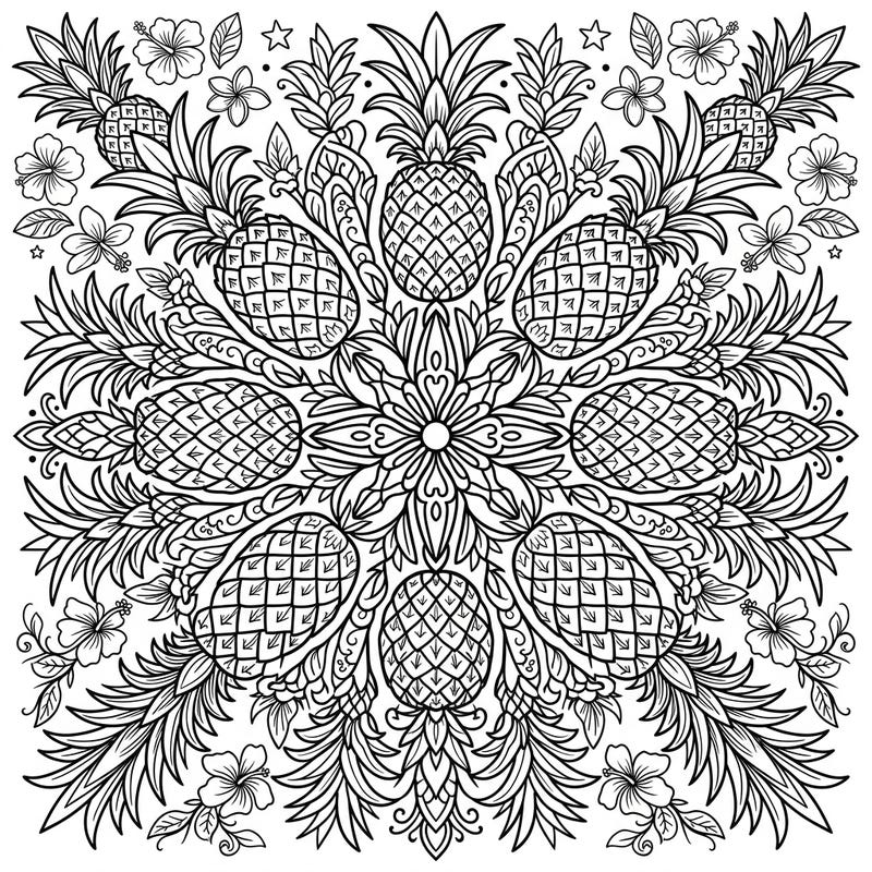 Unleash your creativity with this stunning pineapple mandala coloring page, blending exotic fruits with intricate symmetry. Perfect for a relaxing escape into a tropical paradise of colors.