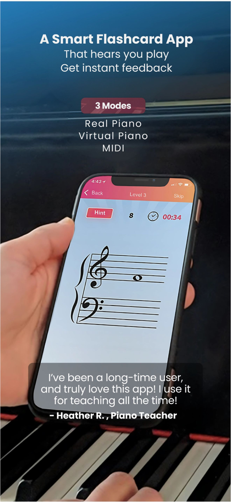 Interfaz de la aplicación de aprendizaje de piano Note Quest en un smartphone que muestra notas musicales y el testimonio de un profesor