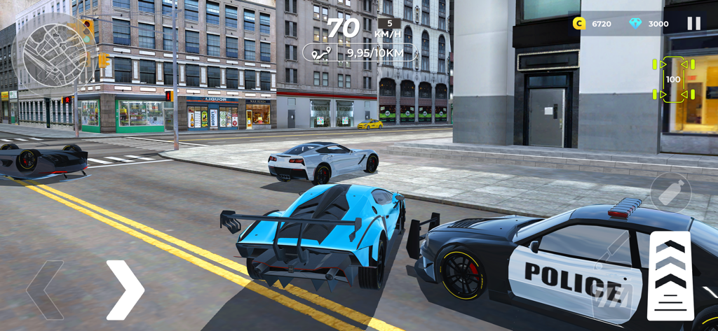 A police car chasing a blue supercar through city streets in the Car Driving Master mobile game