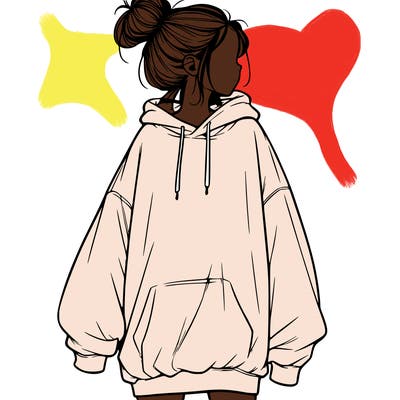realistic girl with a oversized sweatshirt on and a bun