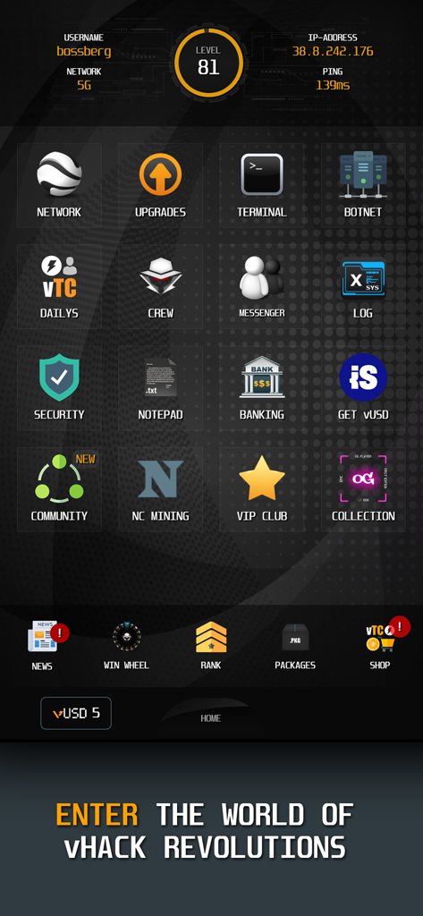 vHack Revolutions: Hacker Game - Main interface of vHack Revolutions hacker simulator game with various feature icons and player status