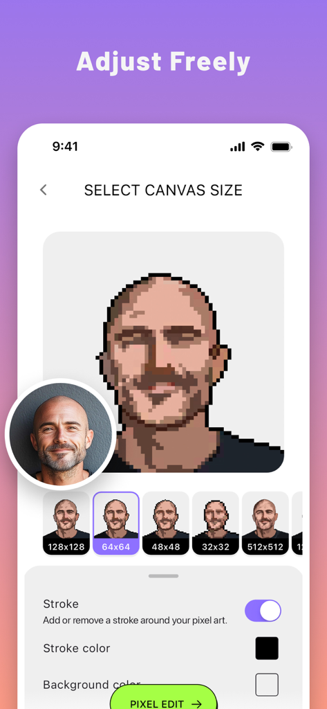 Interface de l'application PixelMe pour sélectionner la taille de la toile d'art pixelisé et ajuster les détails du portrait