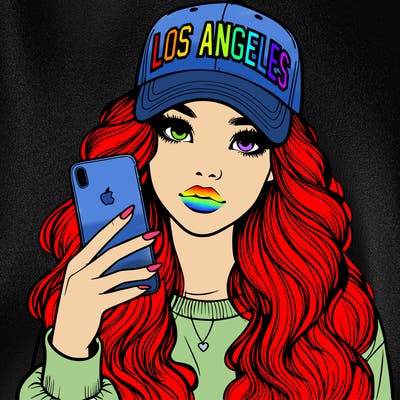 realistic beautiful girl wearing los ángeles cap holding an iphone