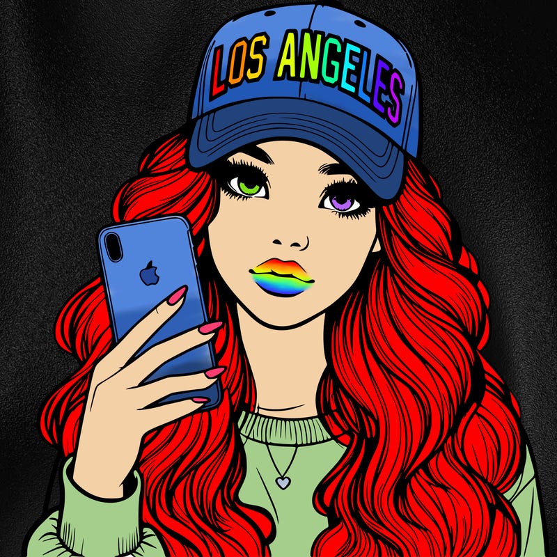 realistic beautiful girl wearing los ángeles cap holding an iphone