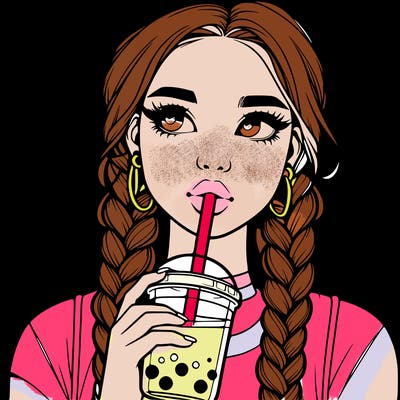 realistic girl with braided hair drinking boba
