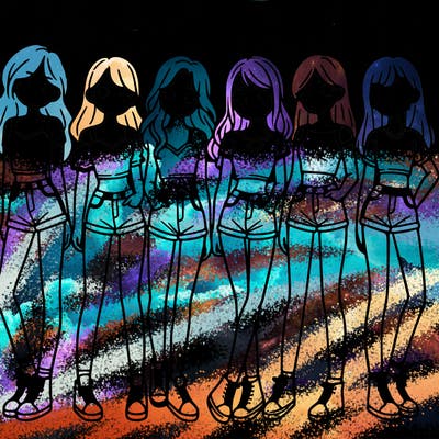 a group of girls wearing crop tops and shorts