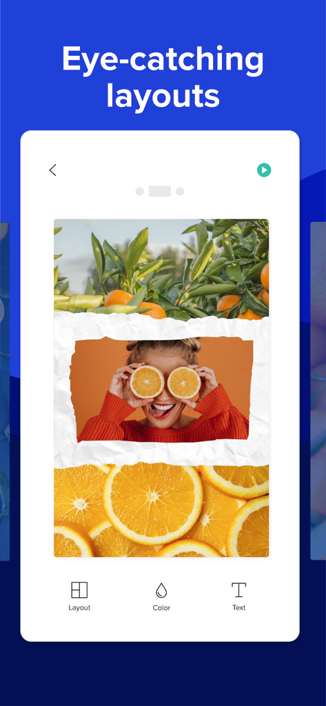 Interface de l'application Animoto montrant des mises en page vidéo attrayantes avec un collage photo créatif sur le thème de l'orange.