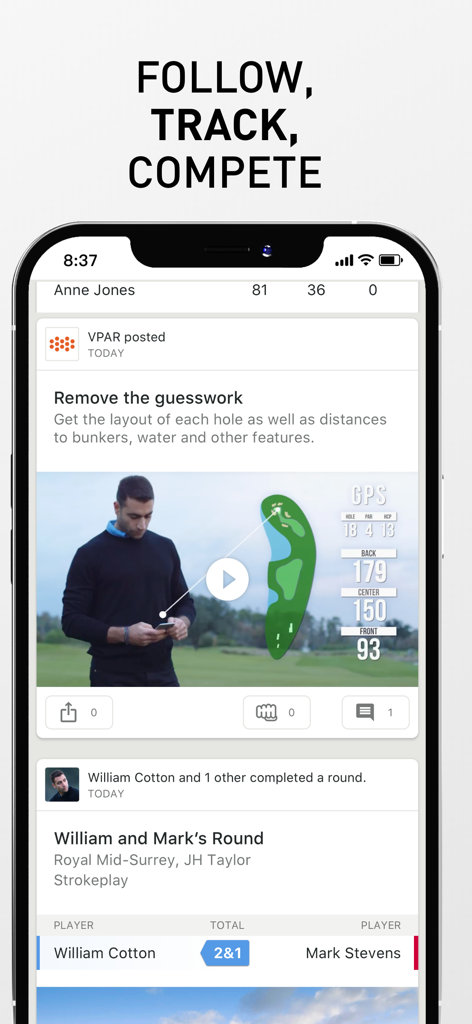 VPAR Golf GPS & Scorecard - VPAR app social feed displaying course GPS data and golf round results