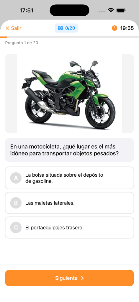 DGT A2 Test Master - DGT A2 Test Master app interface showing a motorcycle theory exam question in Spanish with a green bike image.