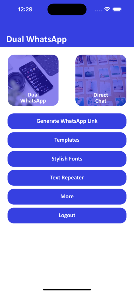 The main menu of DualChat app showing features like dual WhatsApp accounts, direct chat, and text templates.