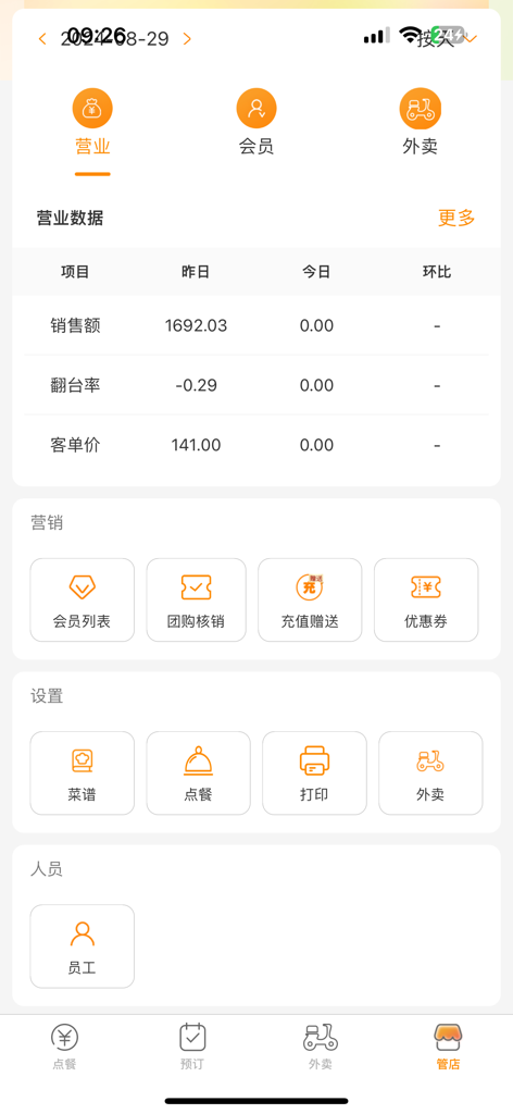 日进斗金餐饮店点餐收银管理系统-专业版 - Ri Jin Dou Jin restaurant management app dashboard showing business data and marketing tools