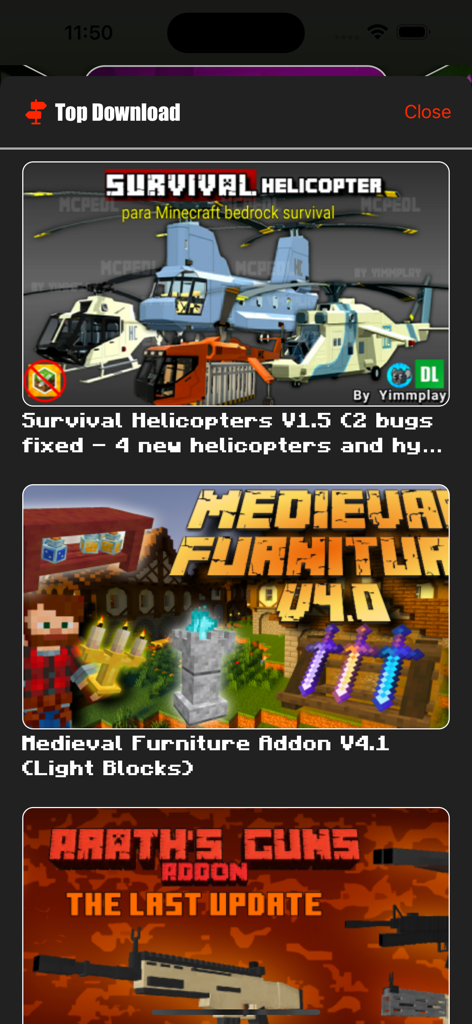 MCPE ADDONS - For MINECRAFT PE - A screen showing top downloadable Minecraft PE addons including survival helicopters furniture and guns