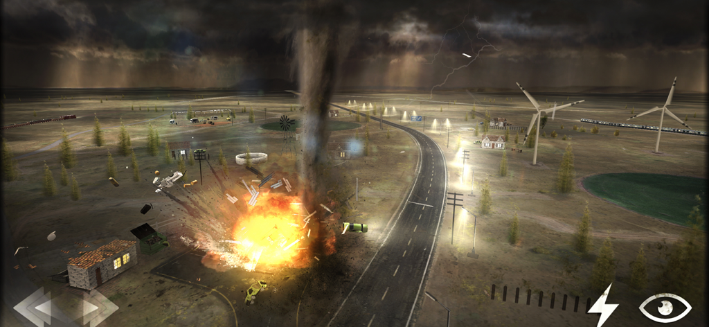 Tornado Alley - Rampage - A powerful tornado causing an explosion and destroying buildings in a rural landscape