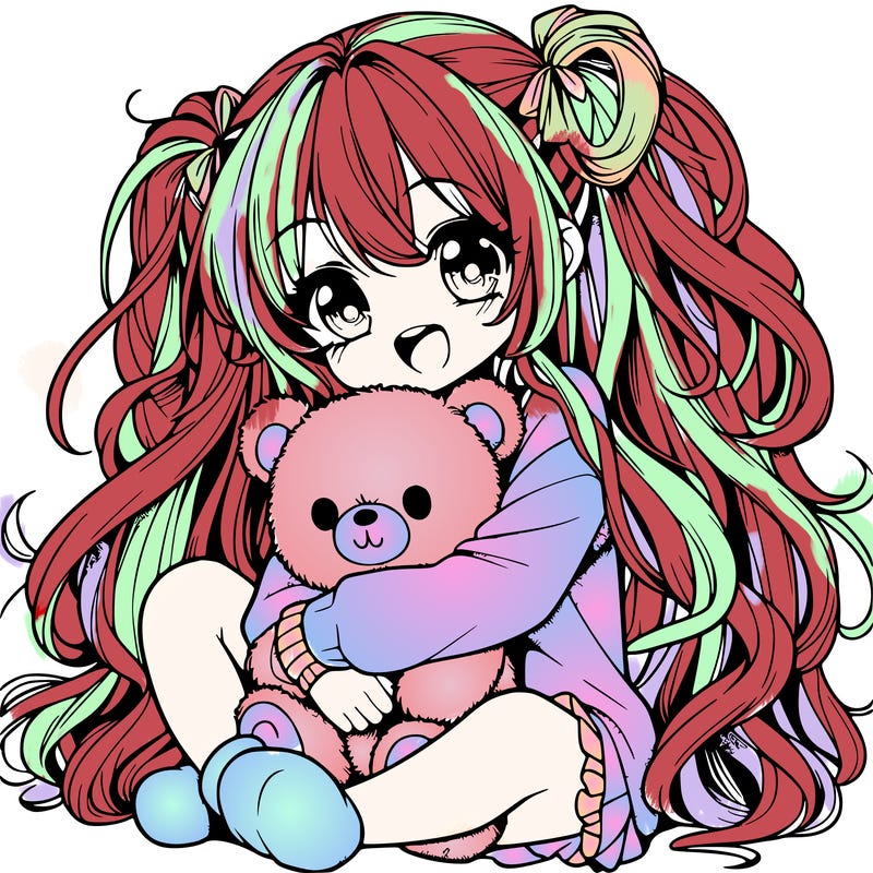 manga girl, long curly hair, happy, cuddling a teddy bear