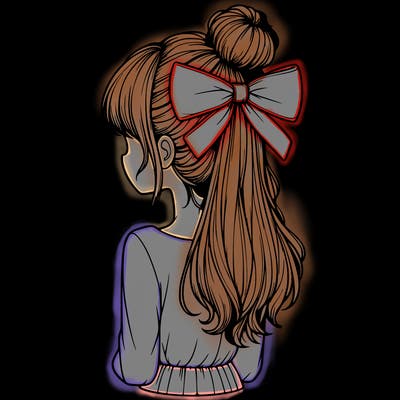 realistic girl  with hip length hair a bun and a big bow on the back of head