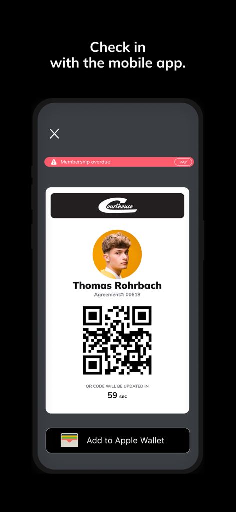 Courthouse Clubs - Courthouse Clubs mobile app electronic check-in screen showing a digital membership card with a QR code.