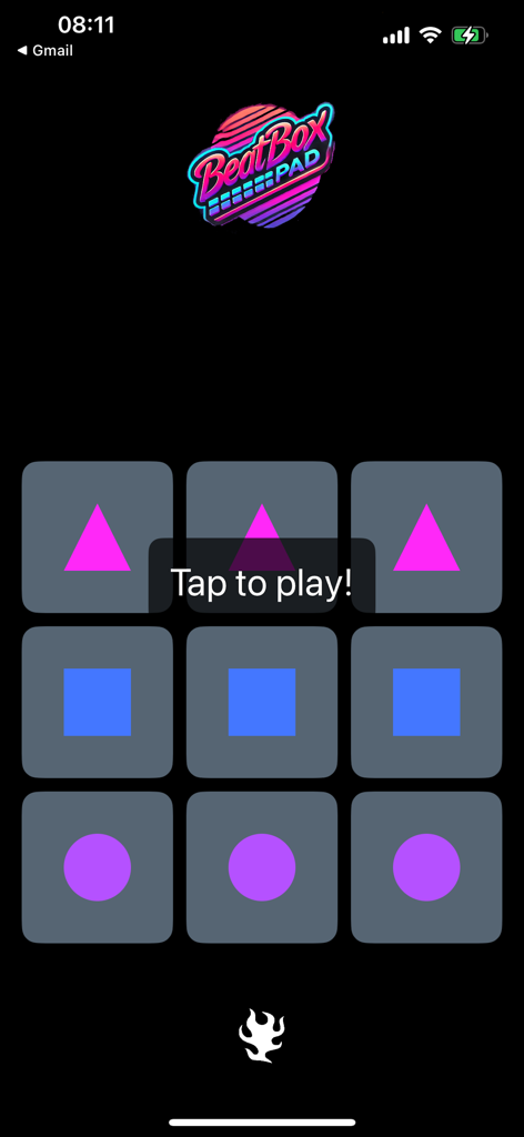 BeatBox Pad: Sound DJ Studio - BeatBox Pad mobile app interface showing a three by three grid of colorful sound pads with pink triangles blue squares and purple circles