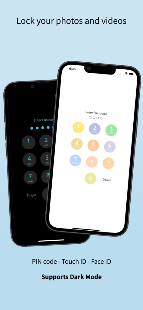 Photo Album Cloud Vault app interface showing the passcode entry screen on two iPhones in light and dark mode formats