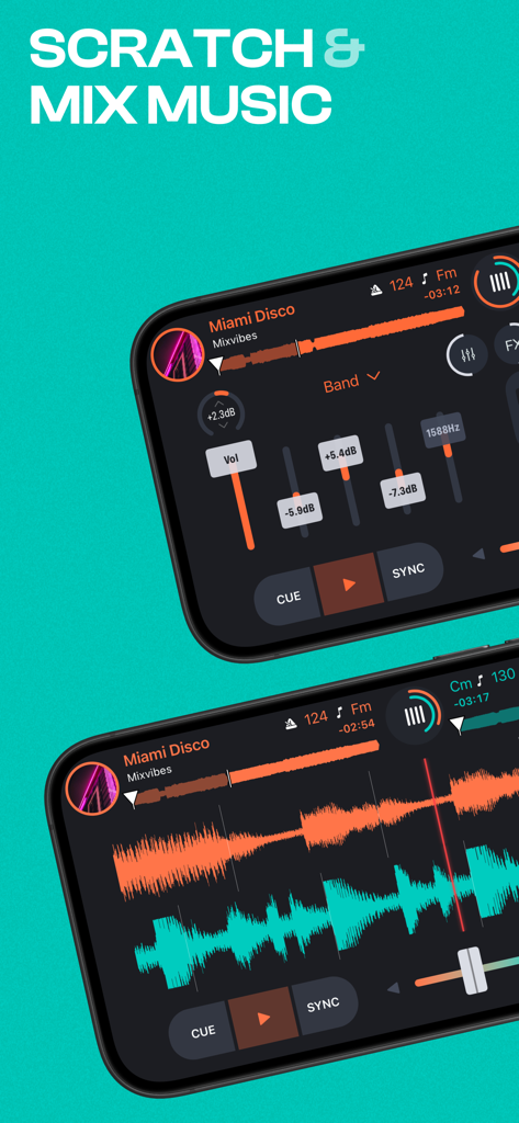 Cross DJ - Music Mixer App - Mobile interface of Cross DJ app with music waveforms and mixing controls